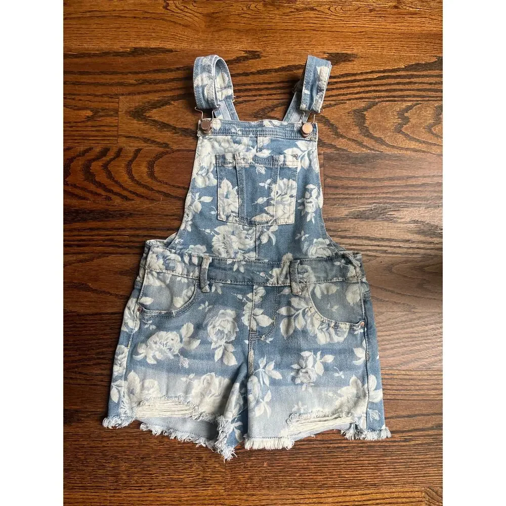 Jordache Girls Roses Denim romper overall Size 7/8 blue